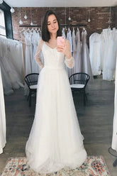 Ivory Tulle A-line Scoop Long Sleeves Beaded Bohemian Wedding Dresses